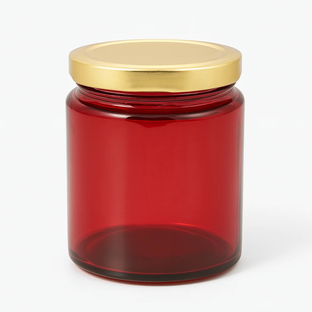 200ml Salsa Red Glass Jar with 63mm Lug Cap (Golden Lid)