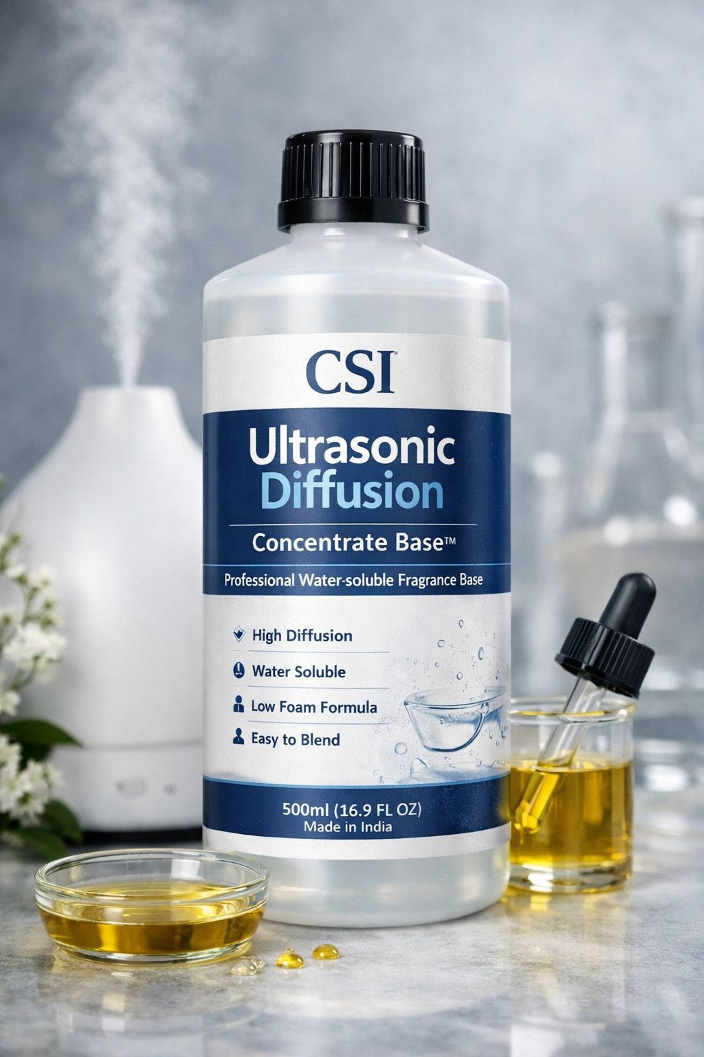 CSI Ultrasonic Diffusion concentrate base bottle with dropper and small container on a gray background